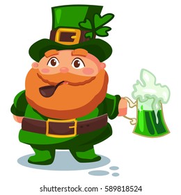 Leprechaun in hat with four leaf clover with a glass of green beer and a pipe for smoking. Vector cartoon character. Illustration for St. Patrick's Day. Design element for the Irish holiday.