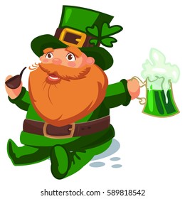 Leprechaun in hat with four leaf clover with a glass of green beer and a pipe for smoking. Vector cartoon character. Illustration for St. Patrick's Day. Design element for the Irish holiday.