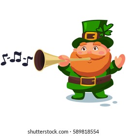 Leprechaun in hat with four leaf clover with a trumpet. Vector cartoon character. Illustration for St. Patrick's Day. Design element for the Irish holiday.