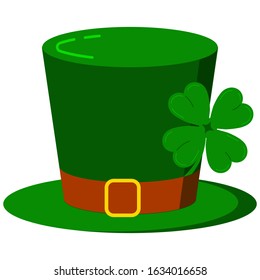 Leprechaun hat with four leaves clover icon isolated on white background. Flat cartoon design vector illustration. Traditional green cylinder headgear costume. Saint Patricks day carnival accessory. 