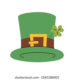 Leprechaun hat. Front view of a green retro bowler hat with a belt, and lucky clover leaf. Irish holiday Saint Patrick's Day symbol. Element for festival or party. Flat vector illustration.