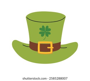 Leprechaun hat. Front view of a green retro bowler hat with a belt, and lucky clover leaf. Irish holiday Saint Patrick's Day symbol. Element for festival or party. Flat vector illustration.