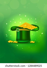 Leprechaun hat full of gold coins on green background. St. Patrick's Day celebration template design.