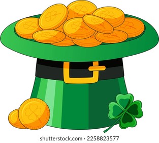 Leprechaun hat full of gold coins and four - leaf clover vector illustration. St Patrick's day celebration