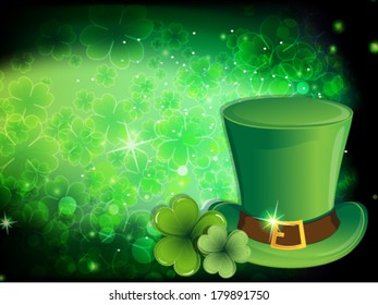 Leprechaun hat with gold buckle and clover. St. Patrick's Day background.