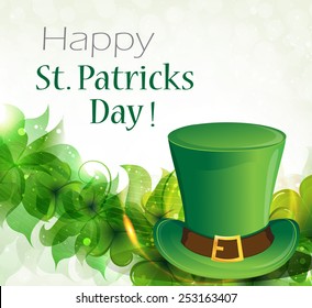 Leprechaun hat with gold buckle and clover. St. Patrick's Day background.