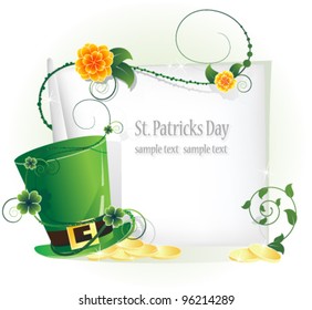 Leprechaun hat with gold coins and a blank sheet of paper, entwined with ivy