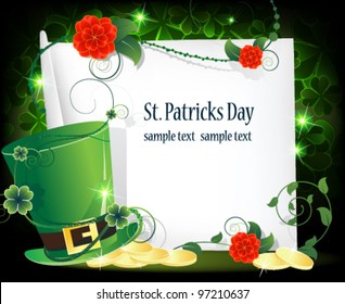 Leprechaun hat with gold coins and a blank sheet of paper entwined with ivy. St.Patrick`s Day abstract background