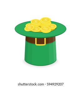 Leprechaun hat with gold coins. Concept of Feast of St. Patrick. Green cap, topper icon and many golden coins in flat style. Vector illustration. EPS 10.