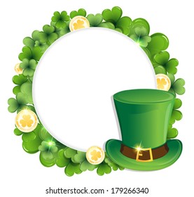 Leprechaun hat and gold coins on clover background.  St. Patrick's Day background.