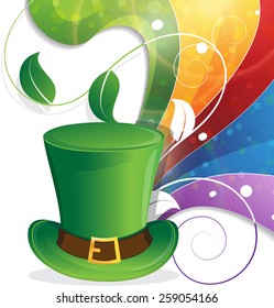 Leprechaun hat with gold coins on rainbow background. St. Patrick's Day background.