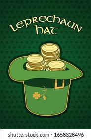 Leprechaun Hat, Golden Coins, Clover Background, Happy St. Patrick Day Illustration 