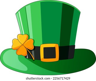 Leprechaun hat with golden four - leaf clover vector illustration. St Patrick's day celebration