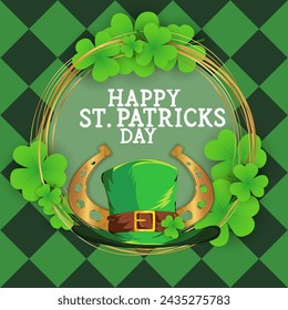 Leprechaun hat, golden horseshoe for good luck and clover happy Saint Patrick's Day card poster, party invitation template, background, wallpaper, banner, template, web.