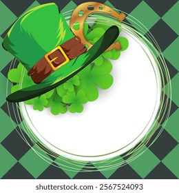 Leprechaun hat, golden horseshoe for good luck and clover happy Saint Patrick's Day card poster, party invitation template, background, wallpaper, banner, template, web.	