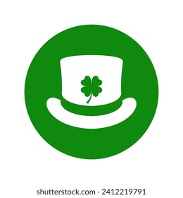 Leprechaun hat graphic icon. Green top hat with clover sign in the circle isolated on white background. St. Patrick's day symbol. Vector illustration