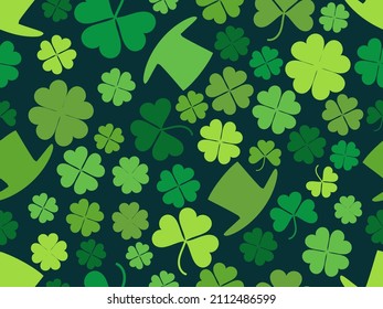 Leprechaun hat with green clover leaves seamless pattern. St. Patrick's Day, Irish holiday. Background for greeting card, wrapping paper, promotional materials. Vector illustration