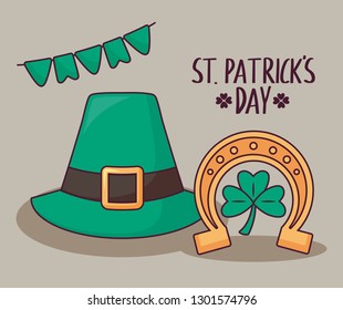 leprechaun hat and horseshoe with clover of st patrick day