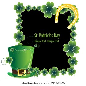 Leprechaun hat and a horseshoe on the clover frame. St. Patrick's Day attributes.