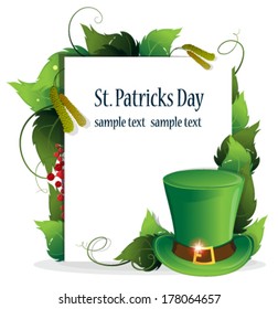 Leprechaun hat with leaves and paper scroll on white background. St. Patrick's Day invitation