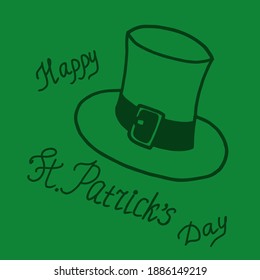 leprechaun hat and lettering Happy St. Patricks Day icon, template card, poster, sticker. sketch hand drawn doodle style. vector minimalism green.