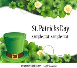 Leprechaun hat on clover and gold coins. St. Patrick's Day background.