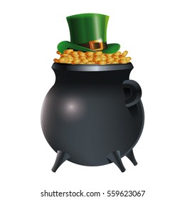 leprechaun hat on pot gold coins  background