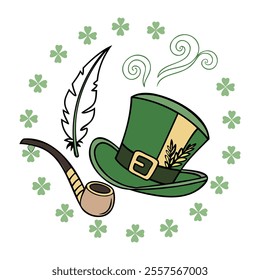 Leprechaun Hat and Pipe Vector Art with Clover Motif