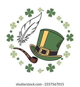 Leprechaun Hat and Pipe Vector Art with Clover Motif