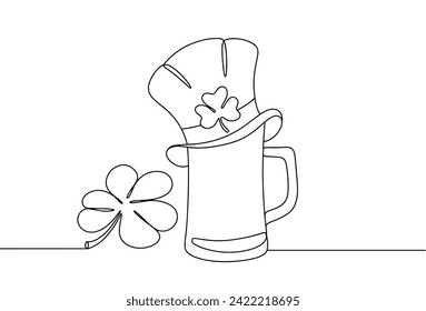 A leprechaun hat is placed on a glass of beer. Nearby is a shamrock. Symbols St.Patrick 's Day. Vector illustration. Images produced without the use of any form of AI software at any stage. 