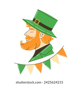 leprechaun in a hat portrait. Leprechaun in hat with  Irish garland. St. Patrick's Day