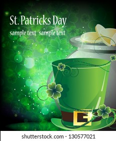 Leprechaun hat and  pot with gold coins on floral background. St. Patrick`s abstract background