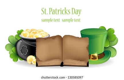 Leprechaun hat,  pot with gold coins and old book on a white  background. St. Patrick`s day symbols