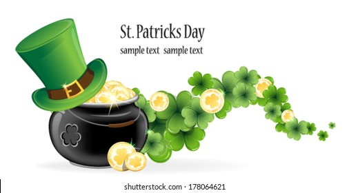 Leprechaun hat and pot with gold coins on waved clover. St. Patrick's Day symbol