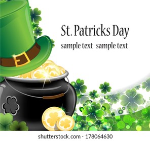 Leprechaun hat and pot with gold coins on clover background.  St. Patrick's Day background