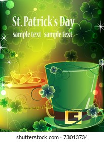 Leprechaun hat and a pot of gold on floral background. St. Patrick`s greeting card