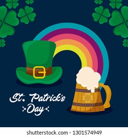 leprechaun hat with rainbow and beer of st patrick day