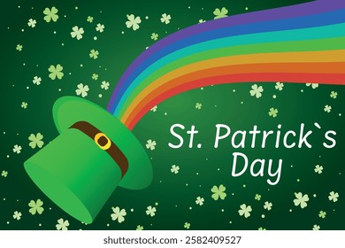 Leprechaun hat with rainbow and golden shamrocks on a green background celebrating St. Patrick's Day