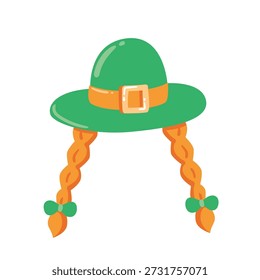 Leprechaun hat with red braids in a cute style. Playful illustration for kids designs, Saint Patricks Day cards and party decor.