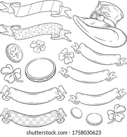 Leprechaun hat with ribbons and small details vector line-art set. For your Halloween, costume party and other fairytale designs, prints, posters, covers, cards, invitations, etc. Coloring book page