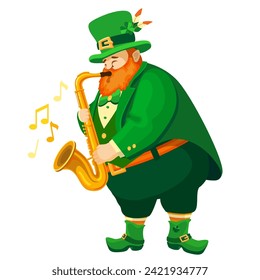 Leprechaun in a hat with a saxophone. Cartoon character in flat style isolated on white. Funny fat musician. Illustration for St. Patrick's Day. Design element for the Irish holiday. Vector.