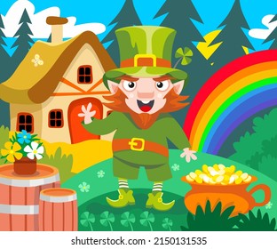 Leprechaun in hat with shamrock. Cartoon cute character. Vector color illustration. Fairy tale little man picture for design game, books, posters, postcards.