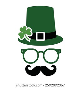 Leprechaun Hat with Shamrock, Glasses, and Mustache Illustration