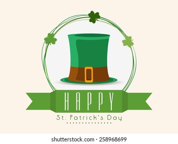 Leprechaun hat in shamrock leaves decorated frame for Happy St. Patrick's Day celebration.
