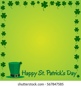 Leprechaun hat and shamrock on green background