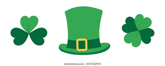 Leprechaun hat, Shamrock and Quatrefoil. St Patrick Day greeting design element concept Minimalism