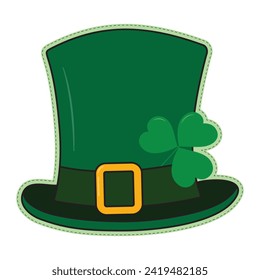 Leprechaun hat and shamrock under buckle ribbon. Sticker with dotted line around. Isolated design