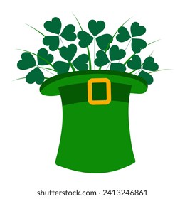 Leprechaun hat with shamrocks bouquet in trendy green. Design concept for St. Patricks greetings