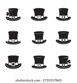Leprechaun hat silhouette icon set. St. Patrick's Day top hat with buckle and shamrock symbols. Irish costume vector signs.
