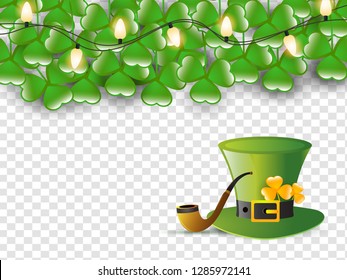 Leprechaun hat with smoking pipe on transparent background decorated with clover leaves for St. Patrick's Day celebration.